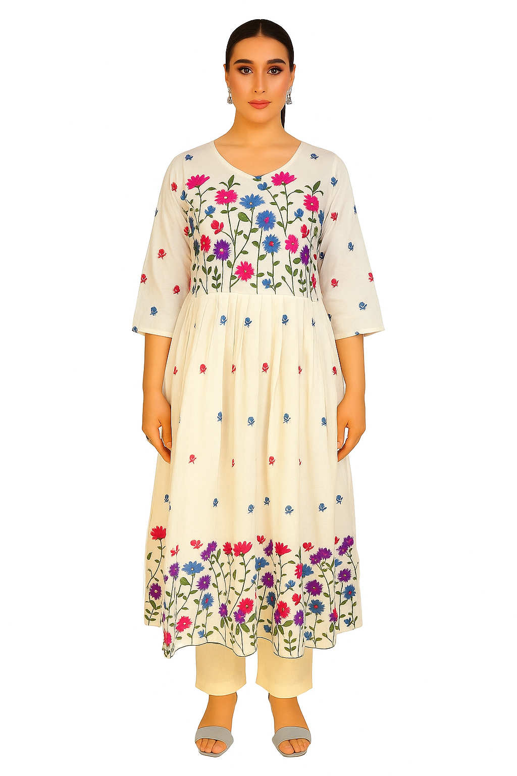 Women's Floral Embroidered A-Line Kurti, Off-White Cotton Maxi Dress, Traditional Indian Style, 3/4 Sleeve