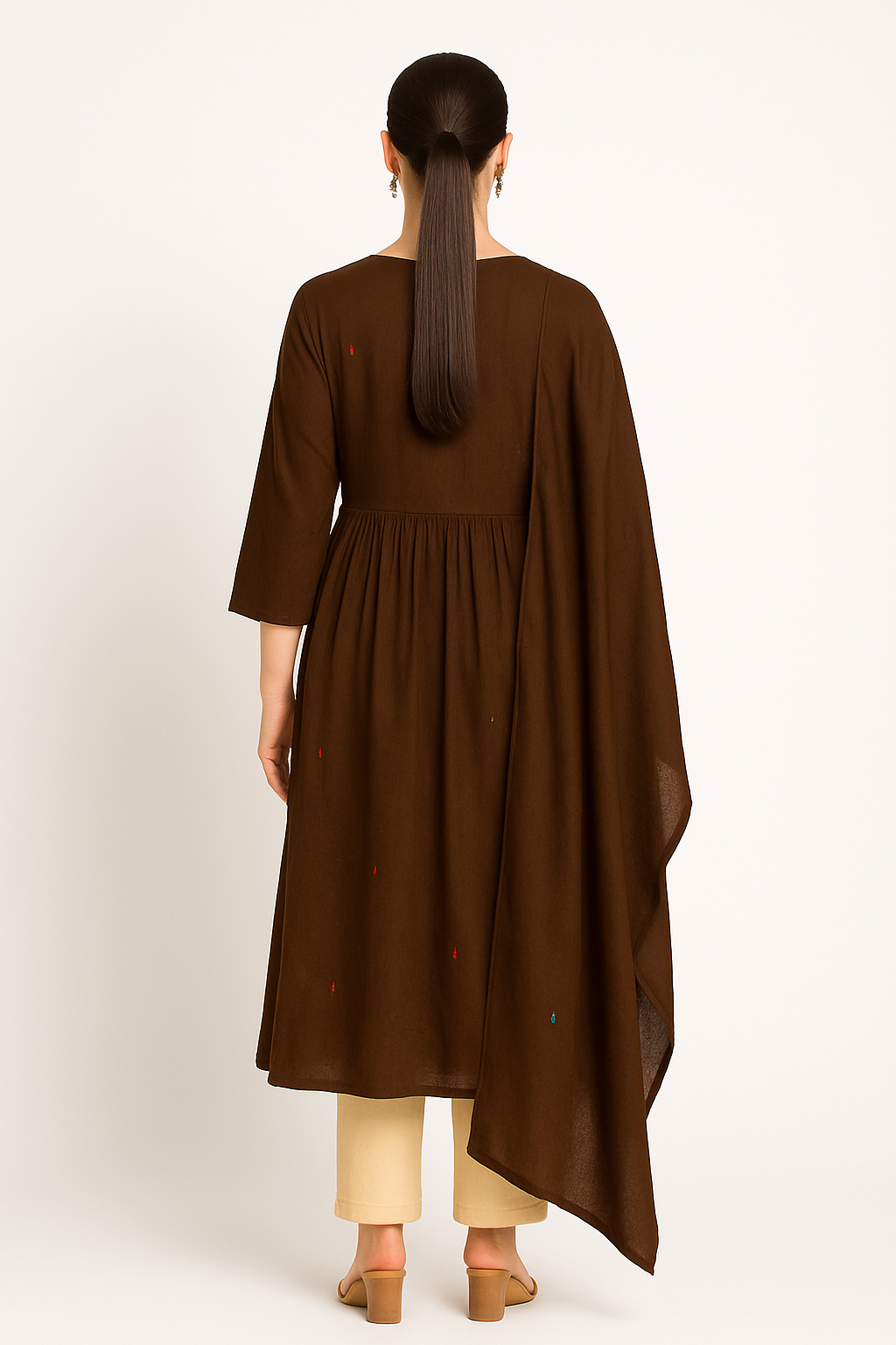 Women's Brown Cotton Kurti with Floral Embroidery, 3/4 Sleeve Maxi Length Traditional Set