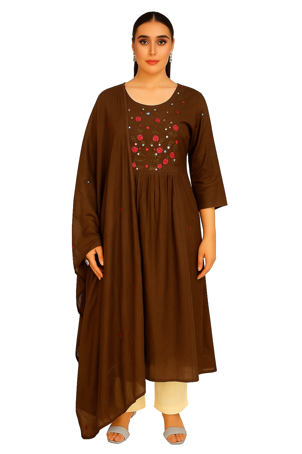 Women's Brown Cotton Kurti with Floral Embroidery, 3/4 Sleeve Maxi Length Traditional Set